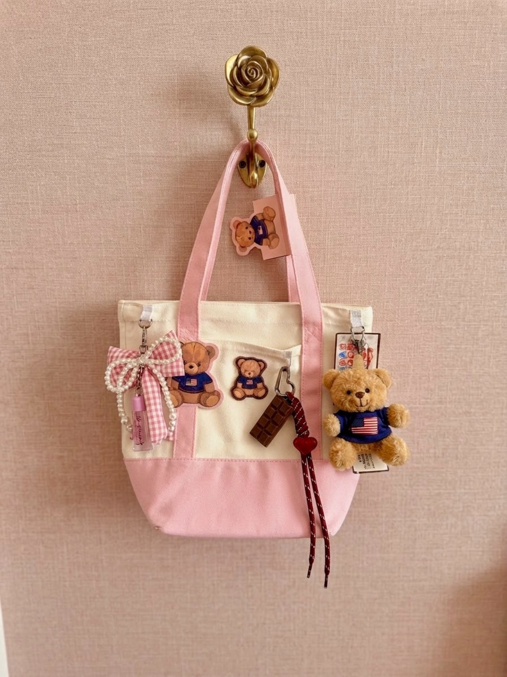 Cute Pink & Cream Kids Tote Bag with Teddy Charms